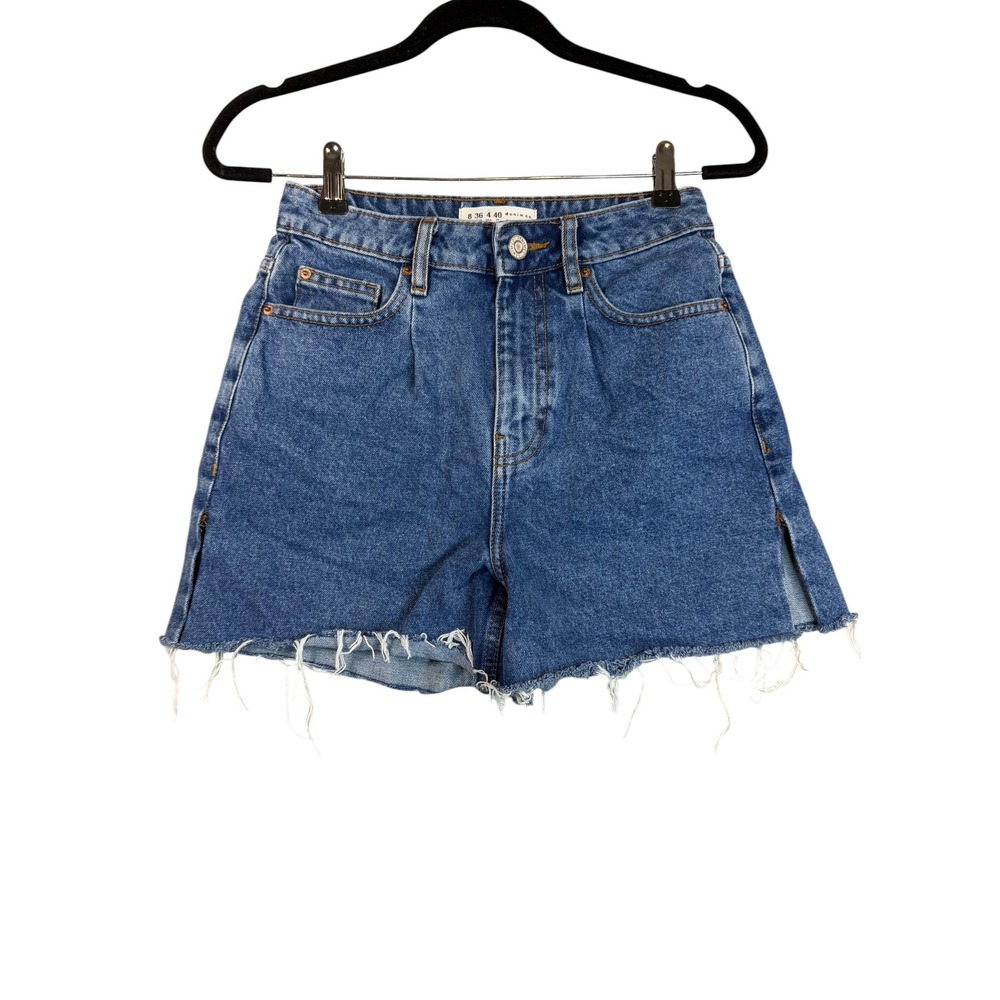 Primark Denim Co Womens High Waisted Jean Shorts Side Slit Raw Hem Blue Size 4